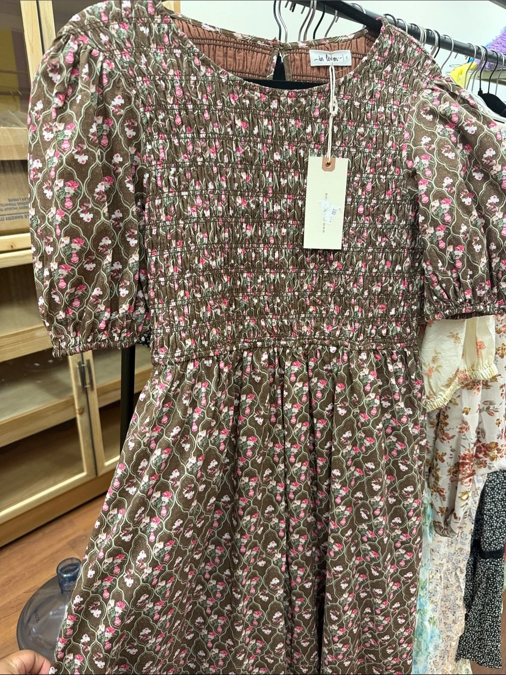 Smocked Puff Sleeve Maxi Dress in Brown with Pink Floral - Picture 2 of 4